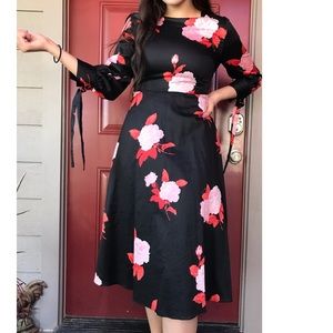 Black Floral Long Sleeves  A line Dress